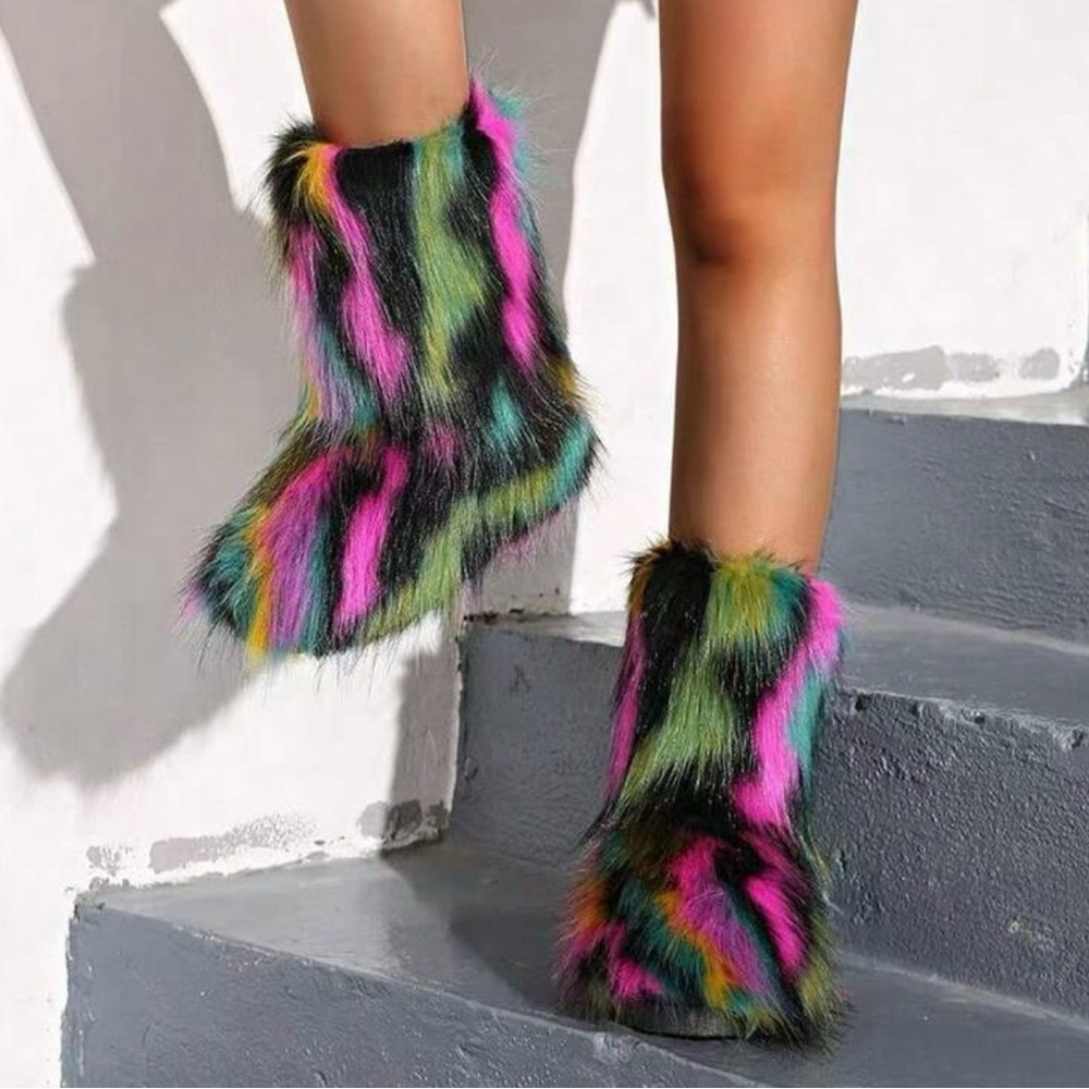 Black Rainbow Colorful Faux Fur Boots
